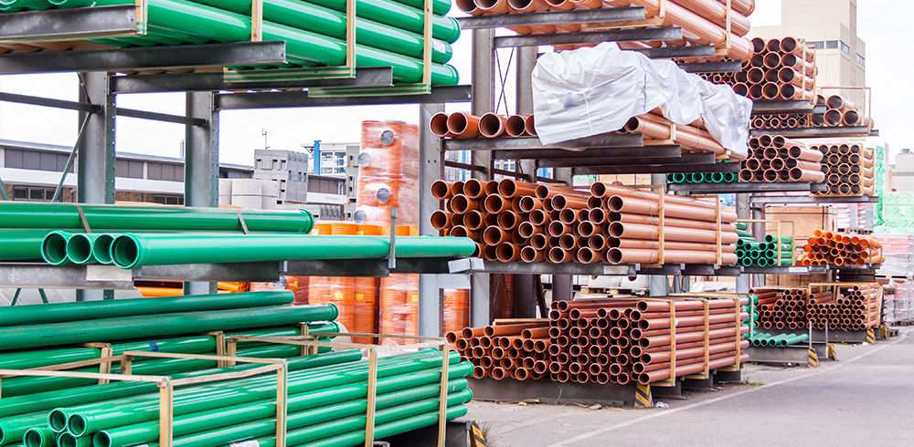 Construction materials stored in an outdoor lot